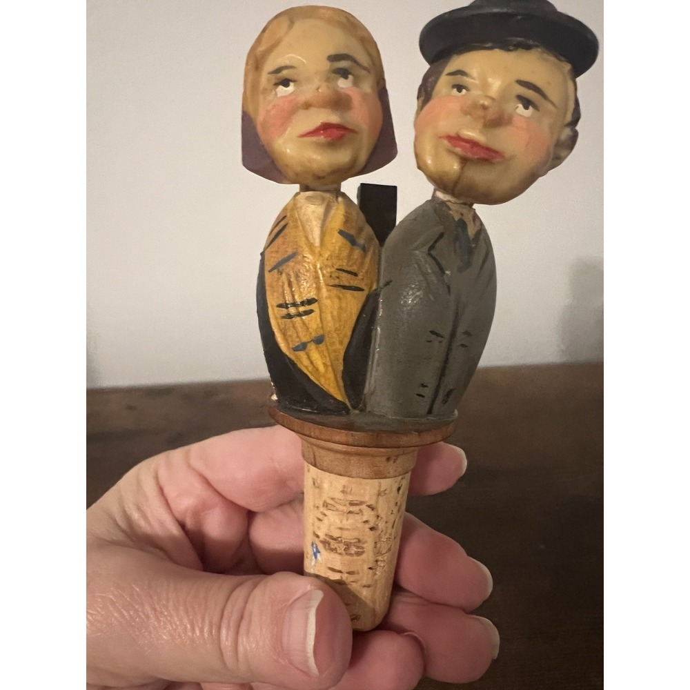 Vintage ANRI Hand-Carved Wooden Bottle Stopper Folk Couple‎ Italy c.1950s–60s